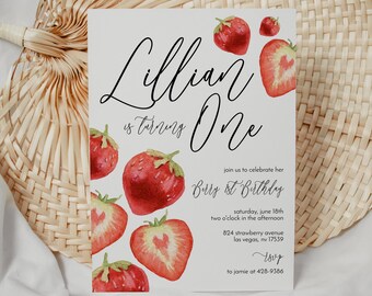 Strawberry Birthday Invitation, Watercolor Summer Party (Digital Download), 2516