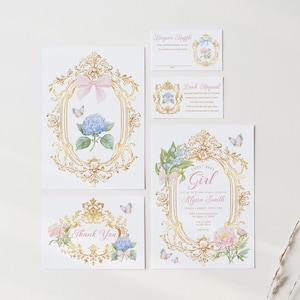 Ensemble d'invitation pour baby shower cadre doré, invitation baby shower floral élégant avec noeuds et papillons, invitation baby shower imprimable, 2835