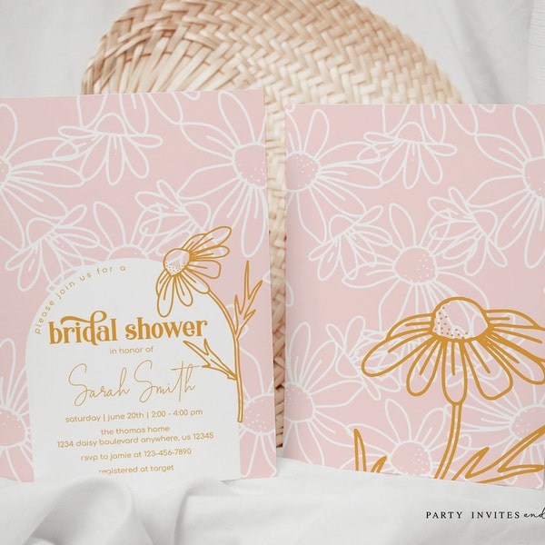 Daisy Bridal Shower Invitation, Pink and Gold Daisy Floral Shower Invite, Minimalist Daisy Wedding Shower Invitation, Editable Template 2542