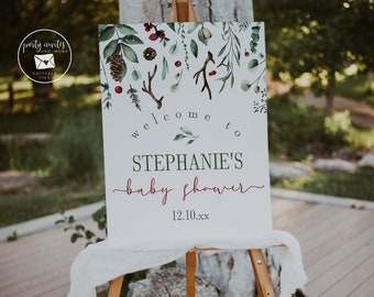 Editable Winter Baby Shower Welcome Sign, Editable Printable Baby Shower Sign, Greenery, Antlers, Christmas, Holiday, Instant Download 2125