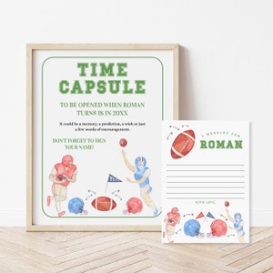 Football Birthday Party Time Capsule Sign and Card, Editable Sports First Birthday Time Capsule Sign, 2755