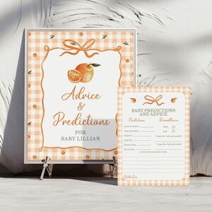 Prédictions et conseils vichy et orange pour cartes de vœux et enseigne, activité de baby shower modifiable aux agrumes, 2822