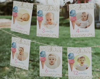 Ice Cream First Birthday Monthly Photo Banner, Ice Cream 1st Birthday Banner Printable Template 2522