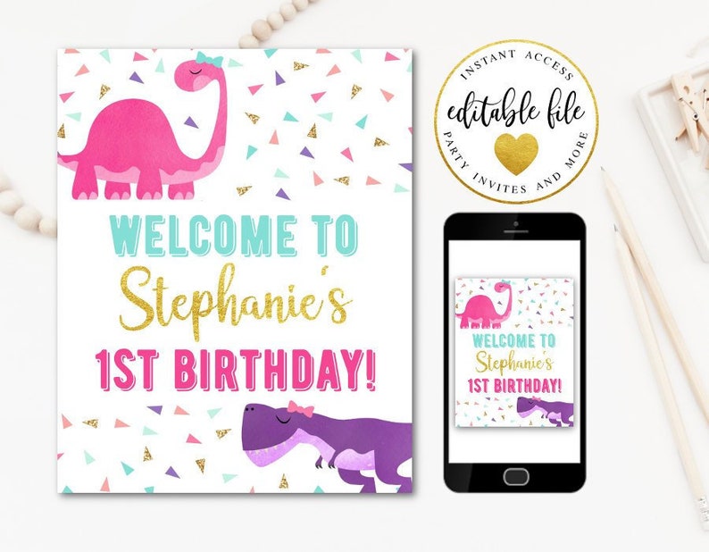 Instant Download Print today! Editable Dinosaur Welcome Sign Birthday Party Welcome Sign Girl Dinosaurs Welcome Sign Printable Template