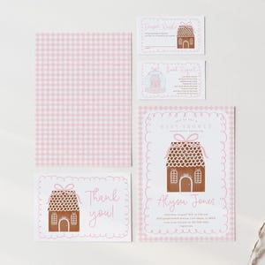 Zaproszenie na Baby Shower w kształcie domku z piernika z kokardą, różowe zaproszenie na Baby Shower w kształcie domku z piernika z kratką gingham i kokardą, karta z podziękowaniami 2785