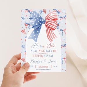 4th of July Gender Reveal Invitation, Editable July 4th Gender Reveal Invite with Bows, 2746