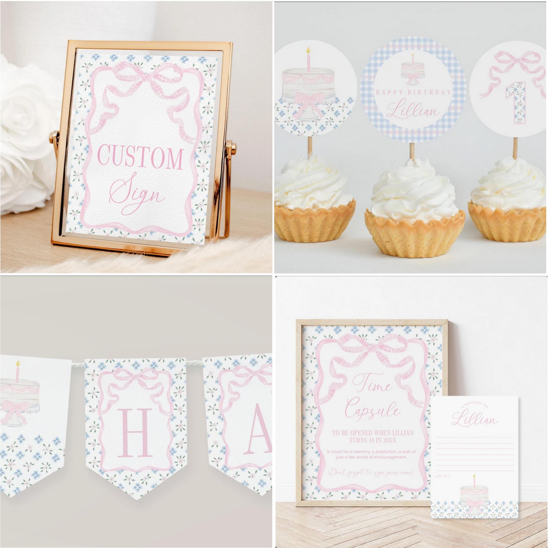 Pink Gingham 1st Birthday Invitation Bundle, Cake & Flowers Party Set ...