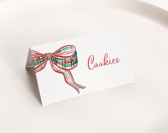 Plaid Bow Christmas Place Cards, Holiday Shower Food Labels (Digital Download), 2786