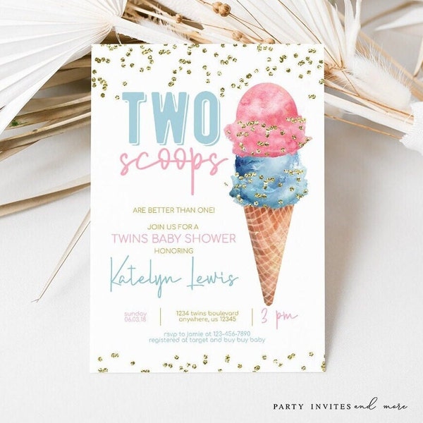 Boy and Girl Twins Ice Cream Baby Shower Invitation, Ice Cream Shower Invite for Twins, Two Scoops, Printable Digital Template 2522