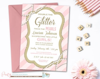Twins Baby Shower Invitation, Glitter and Pearls Invitation, Baby Shower Invitation, Pearls Baby Shower Invitation, Girl Baby Shower Invite