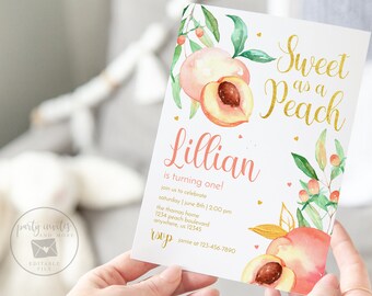 Editable Peach Birthday Invitation, Sweet as a Peach Birthday Invite, Watercolor Peaches, 1st Birthday, Printable Template 2156