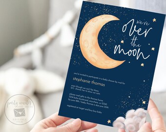 Editable Moon and Stars Baby Shower Invitation, Celestial Baby Shower Invite, Boy Baby Shower, Baby Shower by Mail Printable Template 2155