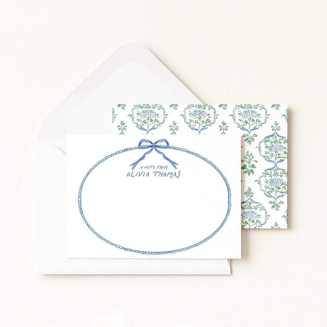 Personalized Blue Bow Stationery Set With Hand Drawn Frame, Blue Floral ...