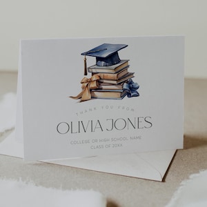 May include: A graduation thank you card with a blue graduation cap and a stack of books. The card says "Thank you from Olivia Jones, College or High School Name, Class of 20XX".