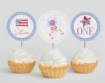 4th of July 1st Birthday Cupcake Toppers, Red White and Blue Gingham and Bows Cupcake Toppers, Patriotic Birthday, 2826