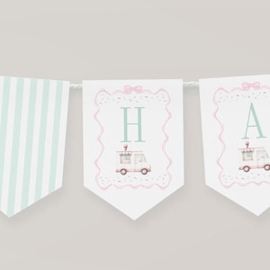 Pastel Ice Cream Truck Birthday Party Banner with Pink Bows, Editable Ice Cream Birthday Banner, 2817