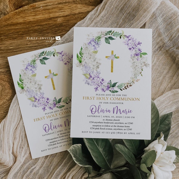 Lilac Purple First Communion Invitation, First Holy Communion Invitation, Hydrangea Invite, Printable Digital Invitation 138