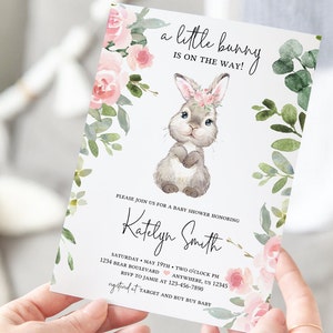 Editable Bunny Baby Shower Invitation, Girl Bunny Shower Invite, Greenery, Pink Floral, Printable Invitation Template 2150