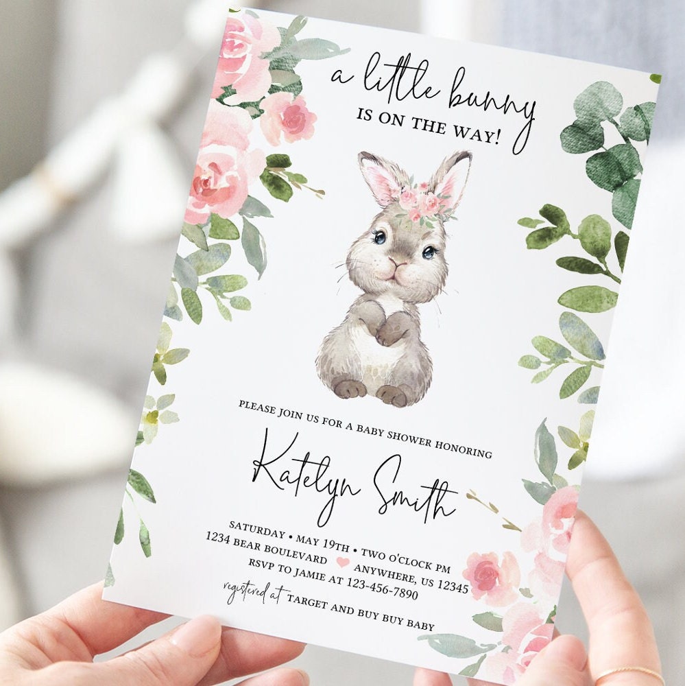 Editable Bunny Baby Shower Invitation, Girl Bunny Shower Invite, Greenery, Pink Floral, Printable Invitation Template 2150