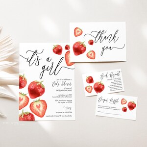 Strawberry Baby Shower Invitation Bundle, Editable Strawberries Baby Shower Invite, Diaper Raffle, Book Request, Thank You Card, 2516