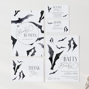 Black and White Halloween Bats Baby Shower Invitation Bundle, Gothic Baby Shower Invitation Set, Editable Minimalist Halloween Invite, 2600