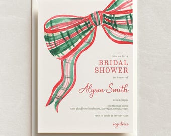 Puede incluir: Una ilustración de acuarela de un lazo de cuadros rojos y verdes, con el texto "join us for a BRIDAL SHOWER in honor of Alyssa Smith 1:00-4:00 pm the thomas home 6571 plaid bow boulevard, las vegas, nevada 43271 rsvp to jamie at 789-654-1236 registries".