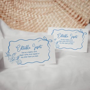Insertion de cartes d'invitation côtières, Cartes d'insertion modifiables de coquillages et de noeud, Cartes d'insertion de douche nuptiale ou de baby shower, 2833