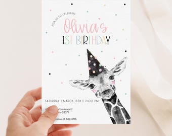 Pastel Giraffe Birthday Invitation, Editable Safari Party Invite, (Digital Download), 2558