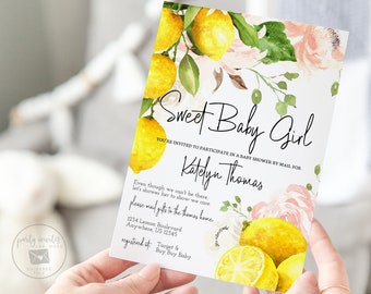 Editable Lemon Baby Shower by Mail Invitation, Mail in Baby Shower, Baby Girl, Lemons, Pink Floral, Lemon Invite, Invitation Template 2037