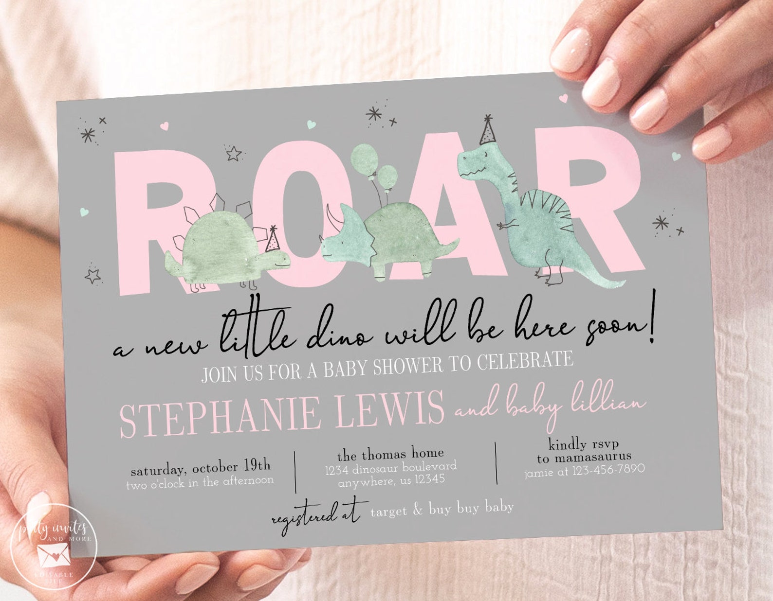 Editable Dinosaur Baby Shower Invitation Girl Baby Shower Etsy