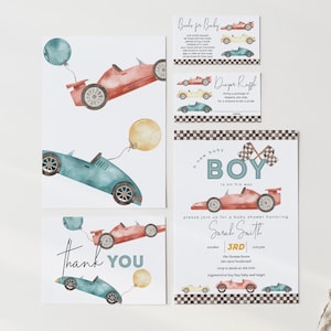 Raceauto babyshower uitnodigingsbundel, retro auto uitnodigen, bewerkbare jongensbabyshower raceauto uitnodigingsset, afdrukbare sjabloon 2545