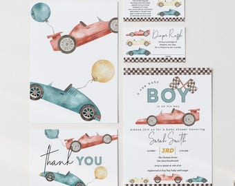 Retro Race Car Baby Shower Invitation Bundle (Digital Download), 2545