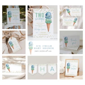 Twins Ice Cream Baby Shower Invitation Bundle, Boy Ice Cream Baby Shower Invitation Set in Blue and Green, 2521