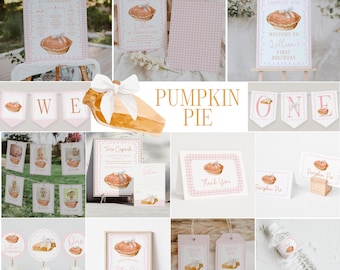May include: A collection of party supplies with a pumpkin pie theme. Includes invitations, banners, cupcake toppers, and water bottle labels. The color scheme is pink and white gingham with watercolor illustrations.