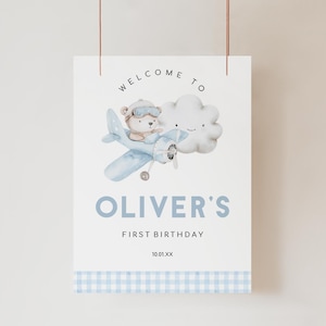 Airplane and Teddy Bear Birthday or Baby Shower Welcome Sign, Editable Airplane Themed Party Welcome Sign, 2747