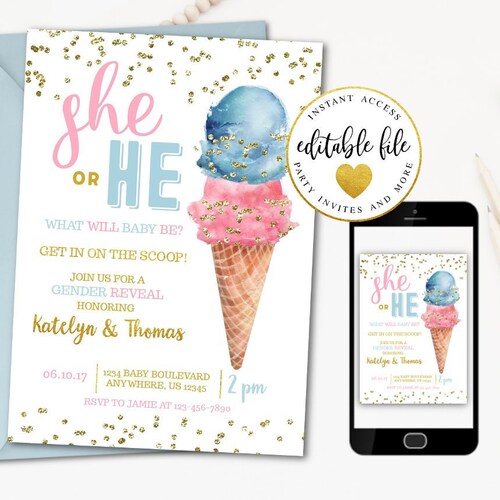 Editable Ice Cream Gender Reveal Invitation Invite Digital 5x7 Etsy