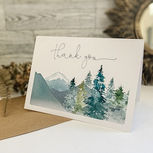 Adventure Thank You Card, Greenery Baby Shower Stationery, Mountains, Conifers Printed Set of 12 w/ Envelopes 139