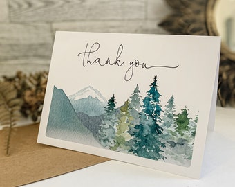 Adventure Thank You Card, Greenery Baby Shower Stationery, Mountains, Conifers Printed Set of 12 w/ Envelopes 139