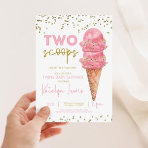 Pink Twins Ice Cream Baby Shower Invitation, Ice Cream Shower Invite for Baby Girls, Two Scoops, Printable Digital Template 2587