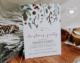 Christmas Party Invitation, Editable Christmas Party Invite, Holiday Party Invitation, Greenery and Antlers, 2125
