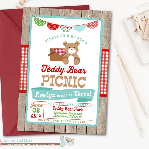 Editable Teddy Bear Picnic Birthday Invitation Girl Pink Red - Etsy