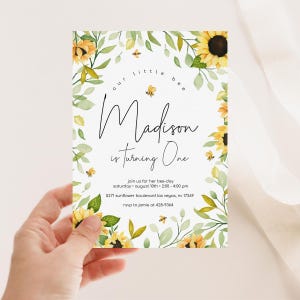 Editable Bee Birthday Invitation, Bumble Bee Party Invitation, Girl First Birthday Invite, Sunflower Bee Invite, 2539
