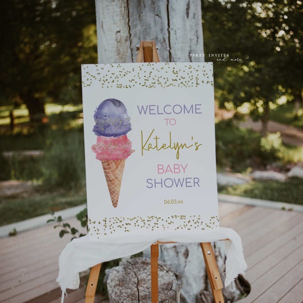 Editable Ice Cream Welcome Sign, Pink and Purple Ice Cream Baby Shower Welcome Sign, Ice Cream Party Birthday Sign, Printable Door Sign 2523