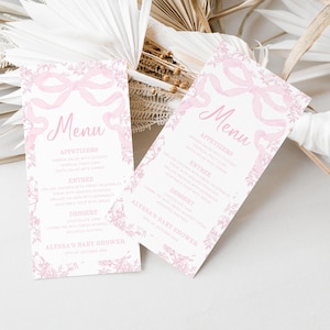 Rosa Schleife und Blumen Babypartymenü, bearbeitbares Toile Babyparty oder Brautpartymenü, 2771