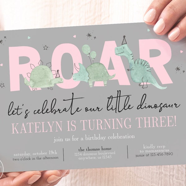 Girl Dinosaur Birthday Invitation, Editable Dinosaur Birthday Invite, Dino Party Invitation, Instant Download Template 2070