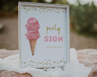 Pink Ice Cream Birthday Party Custom Sign, Editable Ice Cream Baby Shower Sign, Instant Download - Print today! 2587