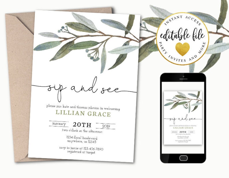 Greenery Sip and See Invitation Template, Printable Sip & See Invite, Instant Download, Gender Neutral image 2