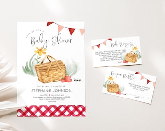 Inbjudningsset till picknick-babyshower, redigerbar picknick i parken-inbjudan, utskrivbar babyshowerinbjudan med röd ginghammönster 2586