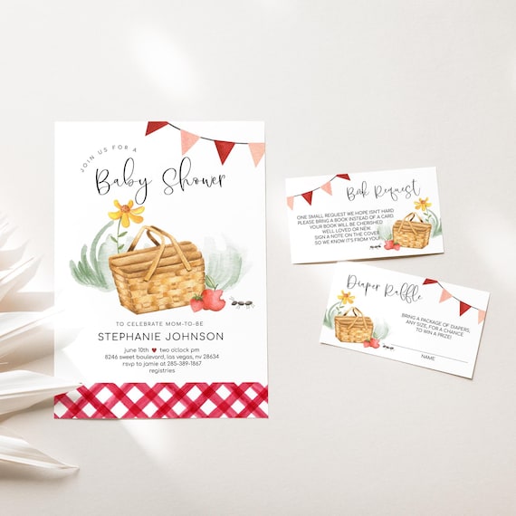 Picnic Baby Shower Invitation Set, Editable Picnic in the Park Invite, Red Gingham Printable Baby Shower Invitation 2586