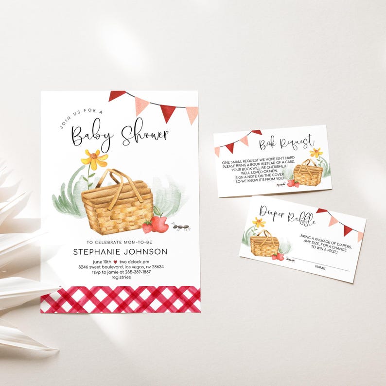 May include: A printable baby shower invitation with a red and white gingham pattern at the bottom. The invitation features a watercolor illustration of a picnic basket with flowers, strawberries, and ants. The text on the invitation reads "Join us for a Baby Shower" and includes the name "Stephanie Johnson" and the date and time of the shower. The invitation also includes a request for guests to bring a book instead of a card and a diaper raffle.
